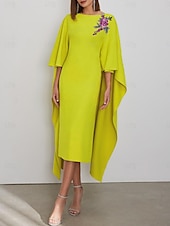 baratos Vestidos de Cocktail-Vestidos de Cocktail Sheath Vestido Elegante Formal Convidada de Casamento Comprimento de Chá Manga Curta Gola de Joia Capas Tecido Crepe Stretch com Apliques