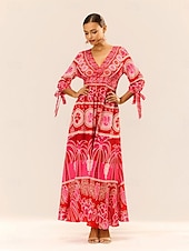 cheap Vacation Dresses-Women&#039;s Graphic Tiered Bow V Neck Puff Sleeve Maxi Dress Elegant Stylish Vacation 3/4 Length Sleeve Summer
