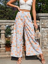 billiga breda ben och hög midja-Dam Brett skaft Byxor Streetwear Ledigt Lång Hög midja Blommig Leopard Ficka Tryck Elastisk dragsko-design Mateial som andas Mjuk Microelastisk Semester Gata Dagliga kläder Leopard Blå Sommar Vår