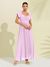 abordables Robes décontractées-Robe longue d&#039;invité de mariage en mousseline de soie pour femmes, élégante, bleue, plissée, col en v, manches courtes, ligne a, robe de soirée formelle