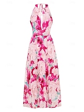 cheap Elegant Floral Dresses-Women&#039;s Maxi Dress Sleeveless Halter Neck Floral Pink White Pleated Belted Lightweight Spring Summer Wedding Party Elegant Flowy Full-Length Clothing Apparel