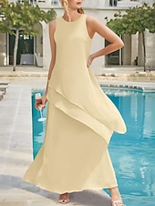 preiswerte Bodenlänge-Strandhochzeit Etuikleid Mutter der Braut Kleid Elegant Einfach Schmuckkragen Knöchellänge Stretch Chiffon Ärmellos mit Stufen Einfarbig kostenlose Maßanfertigung