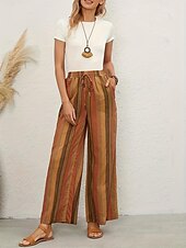 cheap Wide Leg &amp; High Waisted-Women&#039;s Wide Leg Pants Trousers Casual Daily Long Striped Drawstring Side Pockets Print Breathability Comfortable Micro-elastic Weekend Orange Spring &amp; Summer Loose Fit