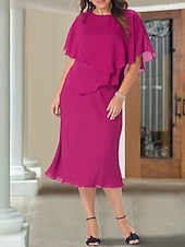 economico Lunghezza del tè-Abito A-Line per la madre della sposa Ospite di nozze Elegante Taglie forti Collo a gioiello Lunghezza tè Chiffon Maniche corte con rouches 2025 taglia personalizzata gratuita