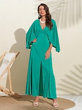 economico Abiti per le feste-abito lungo in chiffon per feste/invitati a matrimoni da donna, verde, scollo a V, maniche a dolman, design a mantello, per stupire 2024