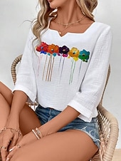 olcso Luxus ingek-Női Blúz 100% pamuk Nyomtatott Virágos Elegáns Háromnegyedes Vágott nyak Normál felsők Napi Alkalmi Fehér Nyár