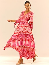 cheap Vacation Dresses-Women&#039;s Graphic Tiered Bow V Neck Puff Sleeve Maxi Dress Elegant Stylish Vacation 3/4 Length Sleeve Summer