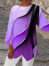 economico Top d&#039;Arte e Design per Donne-Blusa da donna a maniche lunghe con orlo asimmetrico tunica chiffon elegante stampa ombre neon e brillante orlo asimmetrico top lunghi scollo rotondo casual giornaliero rosa viola arancione verde