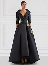 preiswerte SCHWARZ-Schwarzes A-Linie Abendkleid Vintage Gesticktes Elegantes Kleid Smokingkleid Formal Bodenlang Langarm V-Ausschnitt Tasche Satin mit Perlenapplikationen