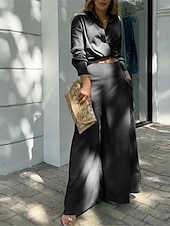 preiswerte Sets-Damen Elegant Stilvoll Hemd Baumwoll-Leinen-Sets Zweiteilige Sets Weitbeinige Hosen Langarm Hemdkragen Einfach Büro Arbeit Schwarz Weiß Blau Sommer Normale Passform