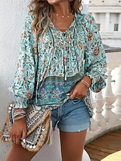 billige Boho topper-damebluse stilig boho blomsterslips foran lanternearm langermet knytehals daglig rosa marineblå oransje grønn sommer