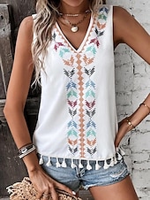 billige Boho t-skjorte-Dame Singleter Fritid Ermeløs V-hals Vanlige topper Daglig Trykt mønster Svart Hvit Rosa matt-hvit Sommer
