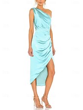 abordables Robes pour invitées de mariage-Robes Invitée de Mariage Fourreau Élégante Robe Semi-Formelle Longueur Thé Sans Manches Épaule Dénudée Soie Immitée avec Plis 2025