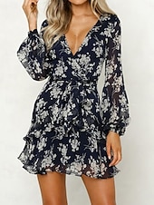 preiswerte Elegante Blumenkleider-Damen Freizeitkleid Blumendruck V-Ausschnitt Minikleid Stilvoll Casual Täglich Date Langarm Herbst