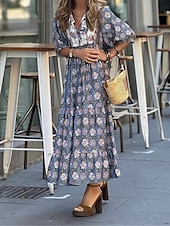 levne Boho šaty-Dámské Dlouhé šaty Maxi šaty Boho šaty Cikánský Dovolená Rande Běžný Květinový Poloviční rukáv Do V Vodní modrá Léto