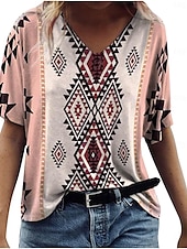 Women's Normal T Shirt Graphic Plaid Tribal Vintage Fashion Western Short Sleeve V Neck Regular Tops Vacation Daily Going out Patchwork Print Dusty Rose All Seasons3