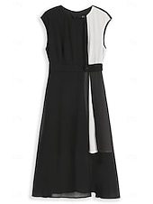 cheap Maxi Black Dress-Women&#039;s Asymmetric Hemline Color Block Dress Sleeveless with Waistband Elegant Party Black White Spring Summer Standard Fit Apparel