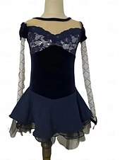 baratos Vestidos de Patinação Artística-Vestidos para Patinação Artística Mulheres Para Meninas Patinação no Gelo Vestidos Azul Escuro Patchwork Thumbhole Com Transparência Elastano Com Stretch Treino Ensaio / Prática Profissional Roupa