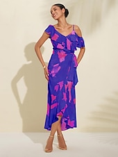 abordables Robe de cocktail-Robe mi-longue à basque pour femmes, tenue d&#039;invité de mariage, violet, orange, manches courtes, volants fleuris, cravate sur le devant, printemps &amp;amp; été asymétrique romantique s m l