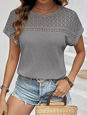 economico Top in Pizzo-Top in pizzo bianco elegante da donna con occhiello blusa elegante casual semplice regolare maniche corte girocollo pizzo regolare quotidiano romantico top petite estivi per le vacanze nero verde
