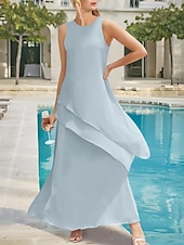 preiswerte Bodenlänge-Strandhochzeit Etuikleid Mutter der Braut Kleid Elegant Einfach Schmuckkragen Knöchellänge Stretch Chiffon Ärmellos mit Stufen Einfarbig kostenlose Maßanfertigung