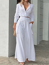 preiswerte Sets-Damen Elegant Stilvoll Hemd Baumwoll-Leinen-Sets Zweiteilige Sets Weitbeinige Hosen Langarm Hemdkragen Einfach Büro Arbeit Schwarz Weiß Blau Sommer Normale Passform