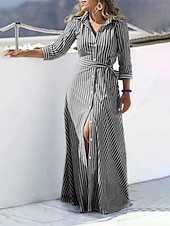 ieftine proiectează rochii din bumbac și in-Pentru femei Negru Albastru piscină Vară Primăvară Rochie Maxi Rochii de in bumbac Rochii Tip Cămașă Rochie casual De Bază Modern Zilnic Sfârșit de săptămână Potrivire Largă Dungi Guler Cămașă