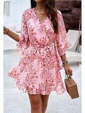 billiga Casual blommiga klänningar-kvinnors omlottklänning blommig volang bälte v-ringad fladderärm miniklänning elegant daglig 3/4 lång ärm sommar