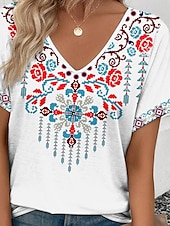 levne Boho tričko-dámské tričko boho krátký rukáv regular topy do výstřihu daily white summer
