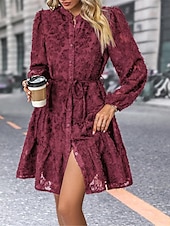 preiswerte Blumenkleider-Damen Spitzenkleid Minikleid Angeschnallt Ausgefallene Ständer Langarm Schwarz Wein Marineblau Farbe
