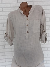 cheap Shirts-Women&#039;s Shirt Cotton Linen Shirts Button Up Blouse Plain Fashion V Neck Street Daily Buttons Pocket White Red Blue Beige Summer
