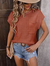 abordables Colores sólidos-Mujer Chaleco suéter Elegante Casual Color sólido Estriado Cuello Alto Bolsillo Mangas cortas Tops regulares Tejer Trabajo Negro Verde Ejército Verano