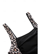 baratos Fatos de Banho 1 Peça-Maiô Feminino de Uma Peça Controle de Barriga Decote Canadense Painéis com Estampa de Leopardos Costas Nadador Ruchado Moda de Verão Praia Secagem Rápida Tecido Stretch Tamanho Completo Maiô Preto