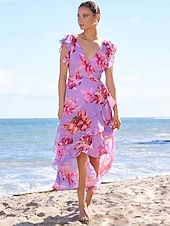 economico abito casual stampato-Per donna Vestito Estivo Abito Floreale Abito Estivo Abito al ginocchio Viola Senza Maniche Motivo Floreale Moda Fiori Volant Stile Floreale Stampa Primavera &amp; Estate Scollo incrociato Con balze
