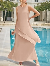 preiswerte Bodenlänge-Strandhochzeit Etuikleid Mutter der Braut Kleid Elegant Einfach Schmuckkragen Knöchellänge Stretch Chiffon Ärmellos mit Stufen Einfarbig kostenlose Maßanfertigung