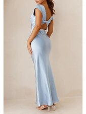 abordables Robes pour invitées de mariage-Robe de mariage invitée en mermaid bleu ciel Robe élégante Formelle Cravate noire Longueur au sol Manches courtes Col en V Charmeuse Dos croisé avec fronces 2025