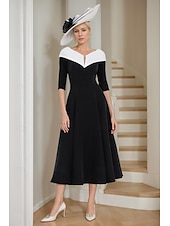 preiswerte Bodenlänge-A-Linie Brautmutterkleid Eleganter V-Ausschnitt Tee-Länge Stretchstoff Halbarm mit Farbblock 2025 kostenlose Maßanfertigung