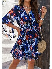 billiga Casual blommiga klänningar-kvinnors omlottklänning blommig volang bälte v-ringad fladderärm miniklänning elegant daglig 3/4 lång ärm sommar