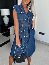 tanie Sukienki dżinsowe-Damskie Dżinsowe sukienki Sukienka koszulowa Sukienka midi Randka Urlop Jeans Podstawowy Nowoczesny Kołnierzyk koszuli Kieszeń Pasy Krótki rękaw Lato Wiosna Regularny Równina