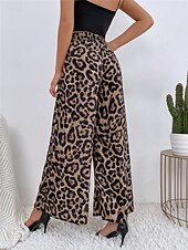 billiga breda ben och hög midja-Dam Brett skaft Byxor Streetwear Ledigt Lång Hög midja Blommig Leopard Ficka Tryck Elastisk dragsko-design Mateial som andas Mjuk Microelastisk Semester Gata Dagliga kläder Leopard Blå Sommar Vår