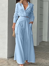 preiswerte Sets-Damen Elegant Stilvoll Hemd Baumwoll-Leinen-Sets Zweiteilige Sets Weitbeinige Hosen Langarm Hemdkragen Einfach Büro Arbeit Schwarz Weiß Blau Sommer Normale Passform