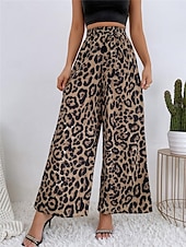 billiga breda ben och hög midja-Dam Brett skaft Byxor Streetwear Ledigt Lång Hög midja Blommig Leopard Ficka Tryck Elastisk dragsko-design Mateial som andas Mjuk Microelastisk Semester Gata Dagliga kläder Leopard Blå Sommar Vår