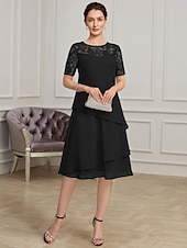 abordables Longueur du thé-Robe mère de la mariée A-Line élégante formelle à col bijou longueur thé en chiffon à courte manche avec dentelle taille sur mesure gratuite