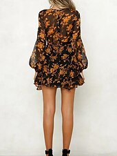 preiswerte Elegante Blumenkleider-Damen Freizeitkleid Blumendruck V-Ausschnitt Minikleid Stilvoll Casual Täglich Date Langarm Herbst
