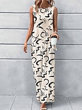 preiswerte Zweiteilige Sets-Damen 2 Teile Modisches Tanktop Hosen Sets Weite Hosen Langarm Ärmellos Rundhals Grafik Druck Lässig Täglich Beige Sommer Reguläre Passform