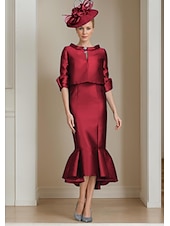 abordables Ensembles de robes pour maman-Ensemble deux pièces Robe Sirène Mère de la Mariée Robe de cérémonie d&#039;invité de mariage Élégante Encolure ornée Mi-longue Satin Manche mi-longue avec Boutons Robe Derby Robe de jour de course 2025