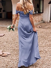 cheap Bridesmaid Dresses-Sheath / Column Bridesmaid Dress Off Shoulder Sleeveless Elegant Sweep / Brush Train Charmeuse with Split Front / Solid Color 2022