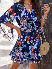 preiswerte Lässige Blumenkleider-Damen Minikleid A Linie Kleid Stilvoll Urlaub Täglich Lockere Passform Blumen Halbe Ärmel V Ausschnitt Dunkelblau Sommer