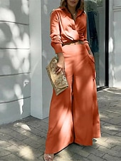preiswerte Sets-Damen Elegant Stilvoll Hemd Baumwoll-Leinen-Sets Zweiteilige Sets Weitbeinige Hosen Langarm Hemdkragen Einfach Büro Arbeit Schwarz Weiß Blau Sommer Normale Passform