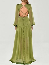 cheap GREEN-A-Line Evening Gown Elegant Dress Formal Fall Floor Length Long Sleeve V Neck Chiffon Crisscross Back with Criss Cross Ruffles 2025